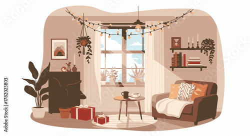 Cozy hygge living room interior with Christmas decorations and gifts