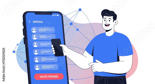 Cartoon illustration of a man holding a phone with a referral invite screen displayed