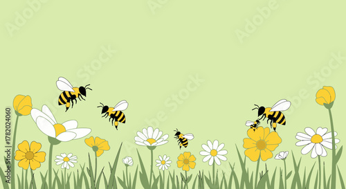 Cartoon illustration of bees collecting pollen from wildflowers in a field on a bright day