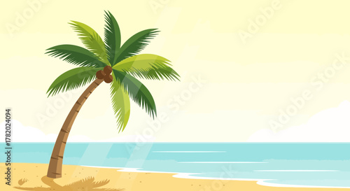 Cartoon tropical beach scene with palm tree and ocean perfect for relaxation background
