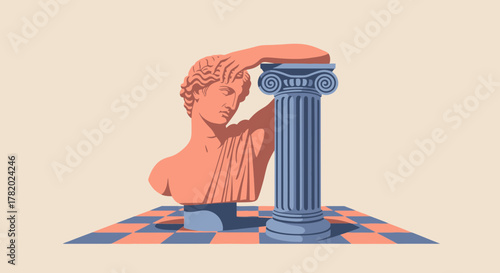 Classical contemplation statue and pillar in a minimalist design evoking ancient civilization with