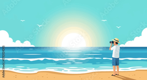 Coastal sunrise photography vacation with serene seascape view and tourist capturing memories