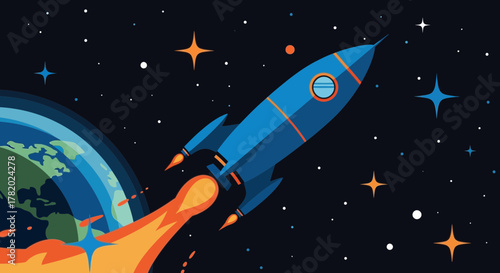 Colorful cartoon rocket launching from earth into outer space full of stars background