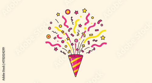 Colorful party popper exploding with confetti, streamers, and stars illustration