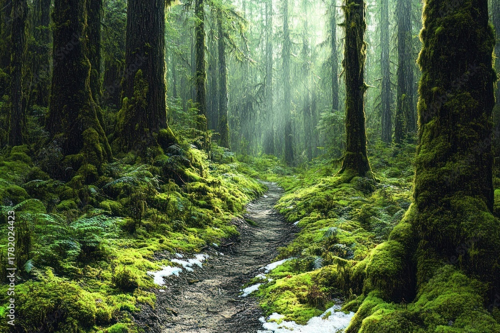 Obraz premium Moss-covered forest path winding through tall, dense trees in a misty, tranquil green woodland