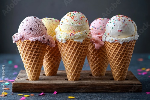 Five colorful ice cream cones with sprinkles on a wooden tray, festive confetti scattered on dark surface, bright and cheerful dessert scene