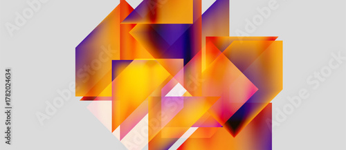 Abstract geometric shapes blend vibrant orange, purple hues. Complex layering creates dynamic visual texture. Minimalist background emphasizes colorful forms.