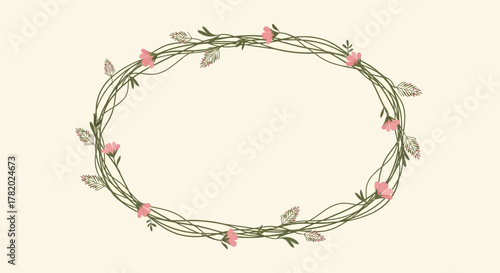 Elegant floral frame with delicate pink flowers and intertwining branches background