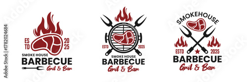 Barbecue Grill logo set with Meat and Fire