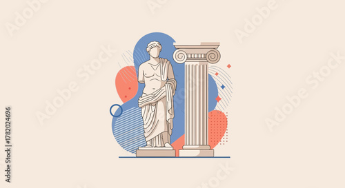 Elegant Illustration of Ancient Greek Statue and Column with Modern Abstract Elements