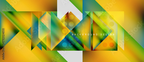 Abstract geometric composition. Vibrant yellow, green hues dominate design. Shapes overlap, creating dynamic visual effect. Modern, stylish background.