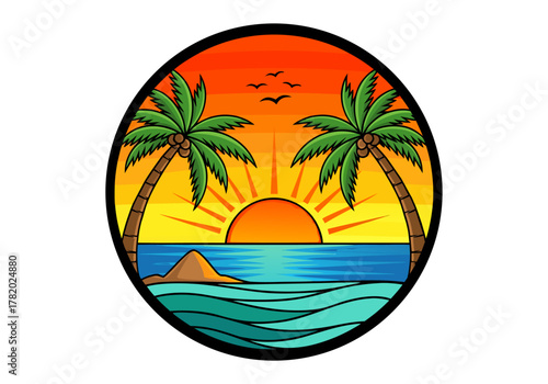 Tropical Sunset Over Ocean with Palm Trees - Vector Illustration of a Serene Beach Paradise at Dusk