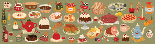 Christmas dinner spread with turkey, fish, wine, and delightful cookies and cakes for celebration.