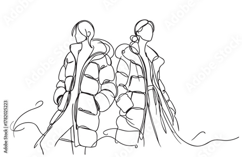 Abstract sketch fashion models in down jacket, winter illustration