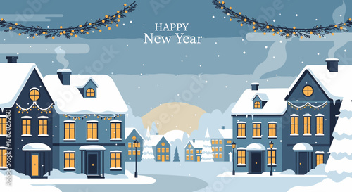 Festive winter village illustration with cozy houses and holiday lights