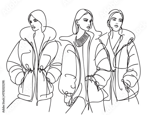Abstract sketch fashion models in down jacket, winter illustration