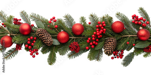 Christmas garland decorated with red baubles, berries, and fir branches on white background. Festive horizontal border for holiday banners and greeting cards.