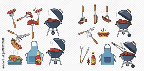A collection of barbecue essentials including grills, hot dogs, grilling tools, an apron, and sauce, perfect for summer cookouts.
