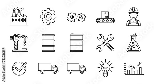 Collection of industrial and manufacturing line icons, including factory, gears, conveyor belt, worker, crane, oil barrels, tools, lab flask, delivery trucks, lightbulb, and graph, perfect for