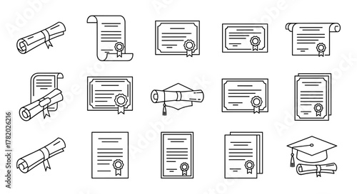 Collection of diploma and certificate icons, rendered in a clean, thin-line vector style, perfect for digital applications, websites, banners, and infographics, symbolizing academic achievement and