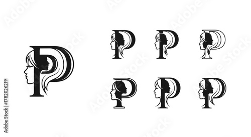 Elegant Monogram Letter P Logo Design Featuring a Woman's Silhouette with Flowing Hair, Perfect for Beauty Brands, Salons, and Personal Branding. This Vector Illustration Showcases a Stylized