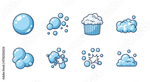 Collection of cartoon-style blue bubbles and foam elements, including single spheres, clusters, explosive bursts, and fluffy cloud-like shapes, perfect for interface design, social media posts