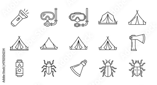 Collection of Camping and Outdoor Adventure Line Icons: Includes Flashlight, Diving Mask, Snorkel, Multiple Tent Styles, Axe, Bug Spray, and Various Insects, Perfect for Travel and Hobbies Design