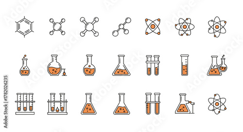 Modern Chemistry Line Icon Pack: A Contemporary Collection Featuring Linear Graphics of Chemical Compounds, Laboratory Flasks, Atoms, and Molecular Structures, Ideal for Web Design, App Development