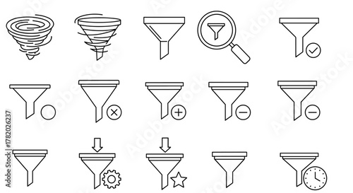 Collection of filter-related line icons, including vortex and funnel outlines, suitable for graphic and web design, apps, adverts, and various cards. This vector cartoon illustration set offers