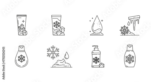Collection of minimalistic line icons representing cosmetic products and ingredients with ice and snow motifs, perfect for web design, graphic design, apps, banners, social networks, and cards