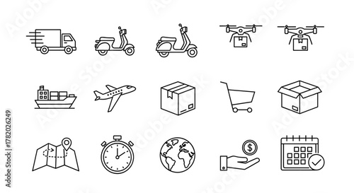 Modern outline style icons representing various delivery and transportation methods, including trucks, scooters, drones, ships, airplanes, boxes, shopping carts, maps, stopwatches, the globe, hand