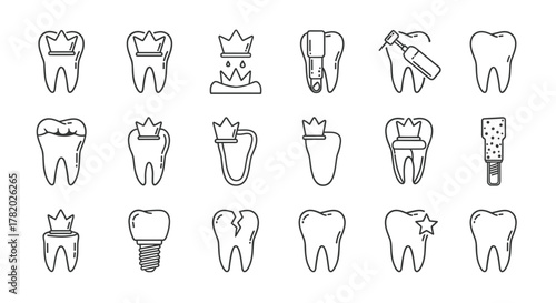 Dental Crown Line Icon Set: A comprehensive collection of outline signs for graphic and web design, apps, adverts, and various cards, featuring vector cartoon illustrations of healthy and treated