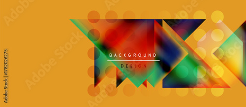 Abstract geometric shapes, vibrant colors, dynamic composition. Modern design elements create striking visual impact. Yellow backdrop enhances contrast.