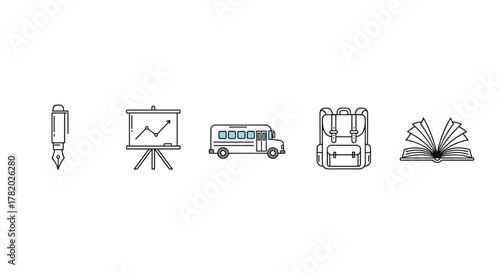 Bundle of minimalistic linear pictograms featuring a fountain pen, presentation board with a growing graph, school bus, backpack, and an open book, all with editable strokes and clean design, perfect