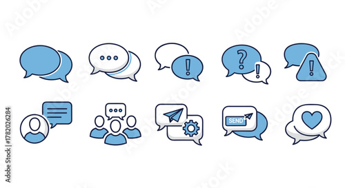 Collection of blue and white chat bubble icons and pictograms for graphic design, web sites, cards, books, and articles. This vector cartoon illustration set includes icons for messages, questions