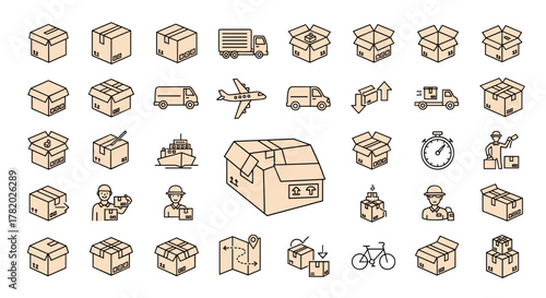 Collection of minimalistic linear icons representing boxes, transportation, and delivery services, perfect for web design, graphic design, mobile apps, banners, and social networks, conveying