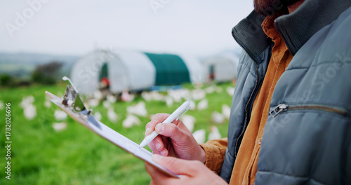 Chicken, farm and document with hands of person for agriculture, poultry flock records or livestock update. Animal tracking, report and clipboard with farmer for free range eggs in countryside