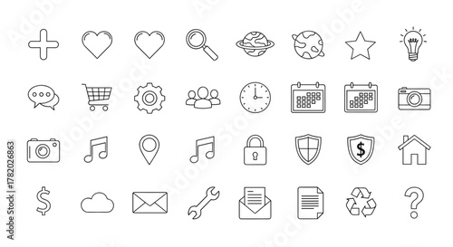 Vector line icon bundle featuring a plus sign, heart, loupe, planets, star, lightbulb, chat bubbles, shopping cart, gear, people group, clock, calendars, cameras, music notes, map pin, lock, shields