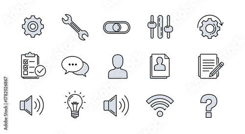 A versatile collection of outline icons representing settings and common user interface elements, including gears, wrenches, toggles, sliders, checklists, chat bubbles, user profiles, documents