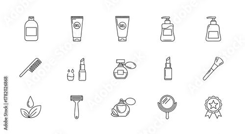 Minimalistic Linear Icon Pack for Shampoo, Gel, Skin Care, and Beauty Products. This versatile collection features essential pictograms for web design, graphic design, apps, banners, social networks