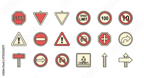 Collection of diverse road signs and traffic symbols, including stop signs, speed limits, warning signs, directional arrows, and pedestrian crossings, presented as clean outline vector illustrations