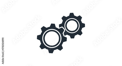 Simple vector illustration of two dark blue gears meshing together on a clean white background, symbolizing teamwork, connection, and mechanical processes. This graphic is ideal for concepts related