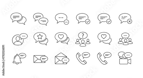 Set of thin line icons representing communication and interaction, including speech bubbles with messages, notifications, user profiles, likes, questions, and calls, suitable for app interfaces and