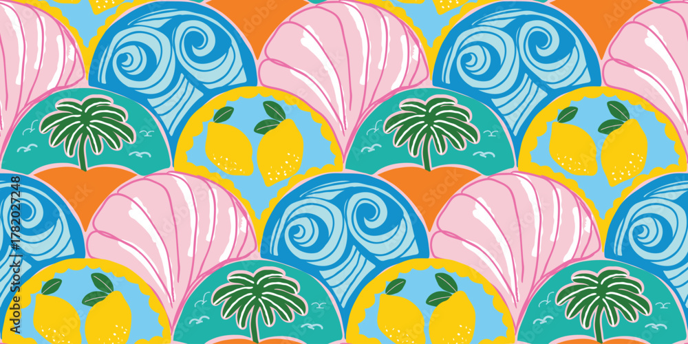 Obraz premium Seamless tropical pattern with ocean waves, shells, lemons and palm trees in pastel pink, aqua and orange. Ideal for summer-themed textile or wallpaper