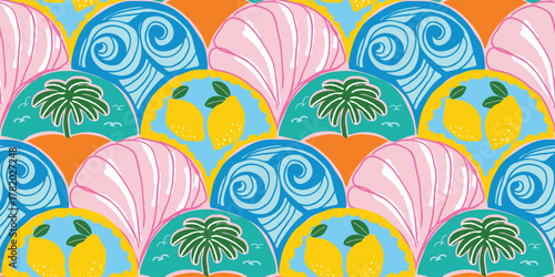 Seamless tropical pattern with ocean waves, shells, lemons and palm trees in pastel pink, aqua and orange. Ideal for summer-themed textile or wallpaper