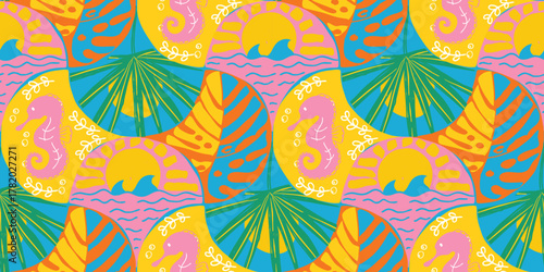 Colorful tropical vector pattern with seahorses, ocean waves and fan palm leaves in pink, yellow, and teal. Great for fabric, wallpaper and surface design