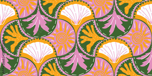 Seamless tropical summer pattern with hand drawn elements and vibrant colors. Suitable for wallpaper, fabric and print design