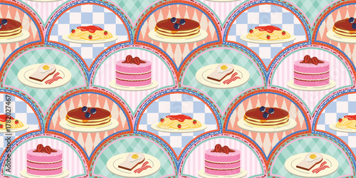 Retro breakfast and dessert vector seamless pattern with pancakes, spaghetti, bacon and cake in pastel pink and blue tones — vintage kitchen illustration for fabric, wallpaper and café-themed prints.