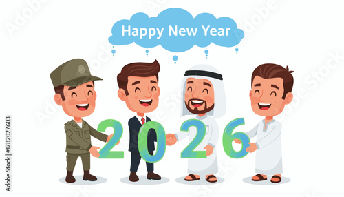 Joyful celebration of Happy New Year 2026 by a diverse group of men, including a soldier, businessman, and traditional figures, holding numerical digits in a cheerful cartoon illustration