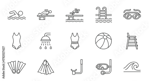 Collection of swimming and pool-related line icons, perfect for lifestyle and sports themes. Includes pictograms for swimming, diving, swimwear, goggles, snorkel, fins, beach ball, shower, lifeguard
